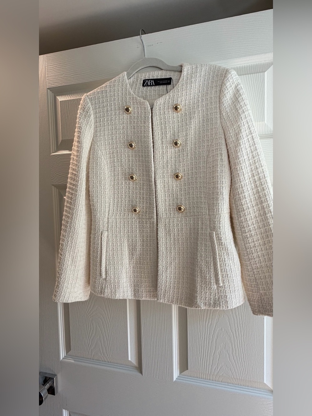 ZARA Cream Double-Breasted Textured Blazer with Gold Buttons